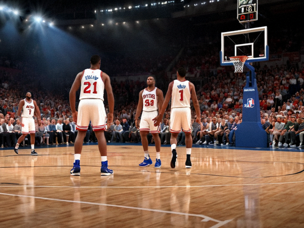 NBA篮球比赛现场，球员在三分线外起跳出手，观众席灯光闪烁
